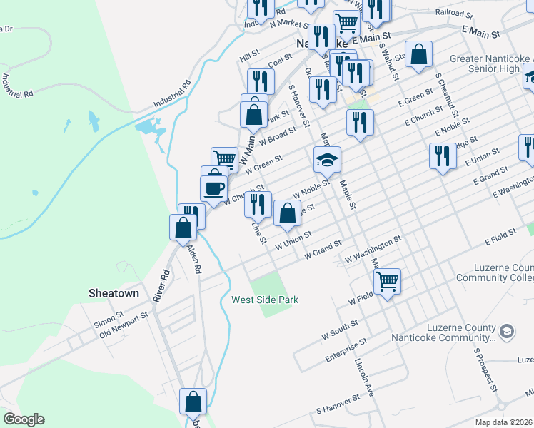 map of restaurants, bars, coffee shops, grocery stores, and more near 242 West Ridge Street in Nanticoke