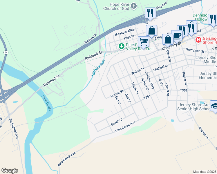 map of restaurants, bars, coffee shops, grocery stores, and more near 200-298 Elm Street in Jersey Shore