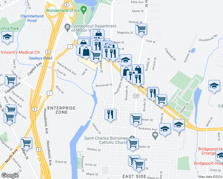 map of restaurants, bars, coffee shops, grocery stores, and more near 1167 Noble Avenue in Bridgeport