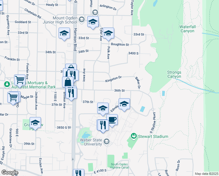 map of restaurants, bars, coffee shops, grocery stores, and more near 1384 36th Street in Ogden