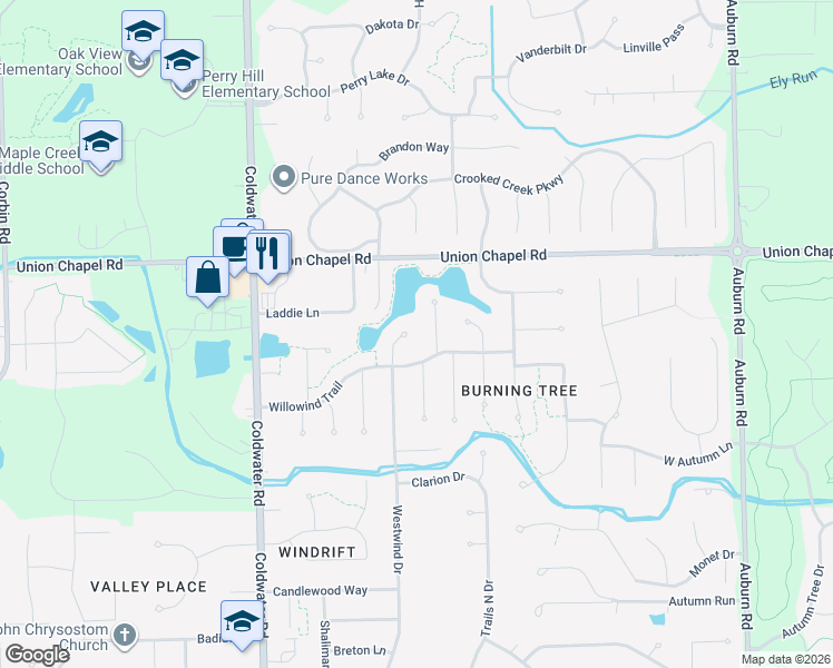 map of restaurants, bars, coffee shops, grocery stores, and more near 12320 Westwind Drive in Fort Wayne