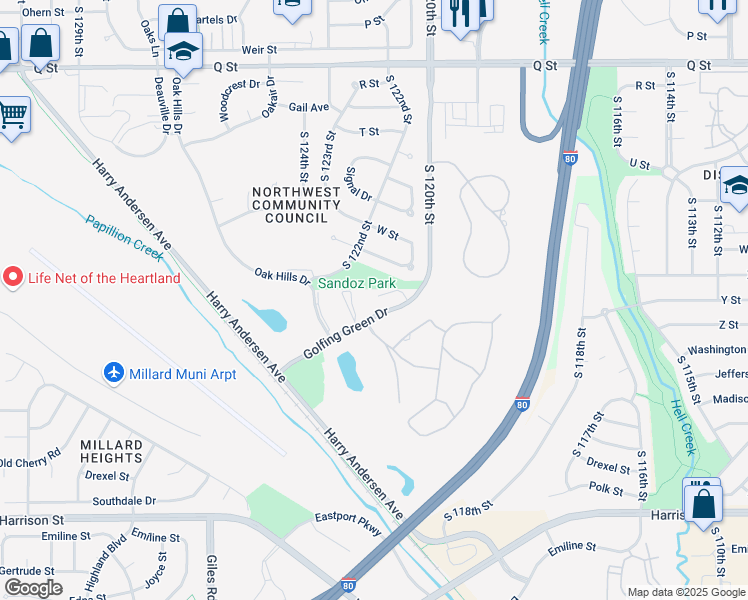 map of restaurants, bars, coffee shops, grocery stores, and more near 6037 Oakcrest Plaza in Omaha