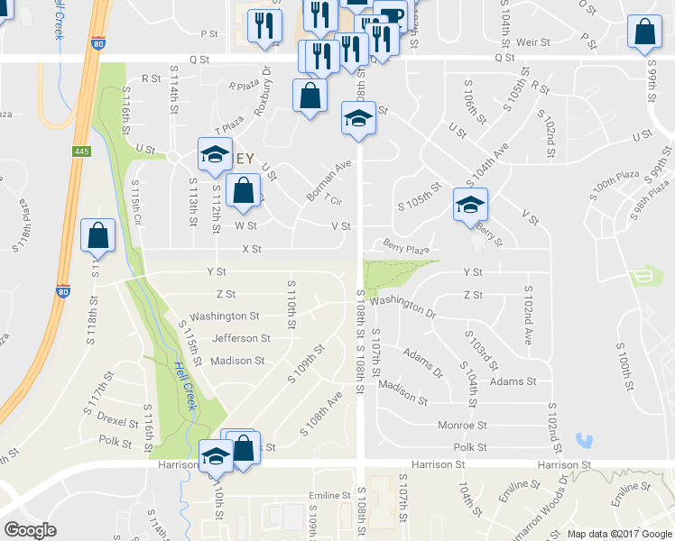 map of restaurants, bars, coffee shops, grocery stores, and more near 5938 South 109th Street Circle in Omaha
