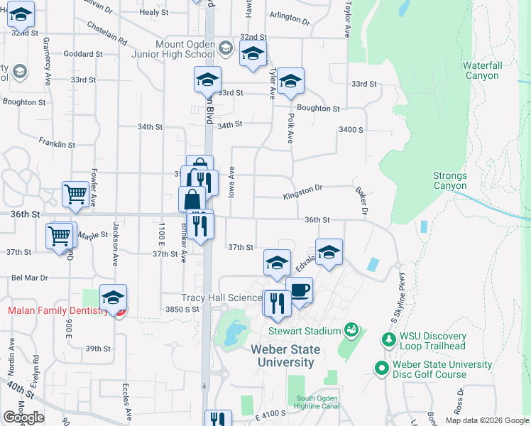 map of restaurants, bars, coffee shops, grocery stores, and more near 1320 36th Street in Ogden