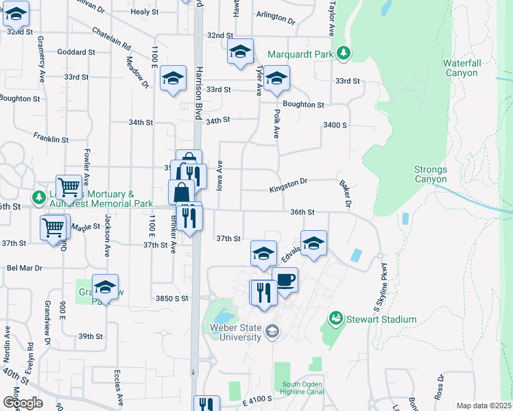 map of restaurants, bars, coffee shops, grocery stores, and more near 1332 36th Street in Ogden