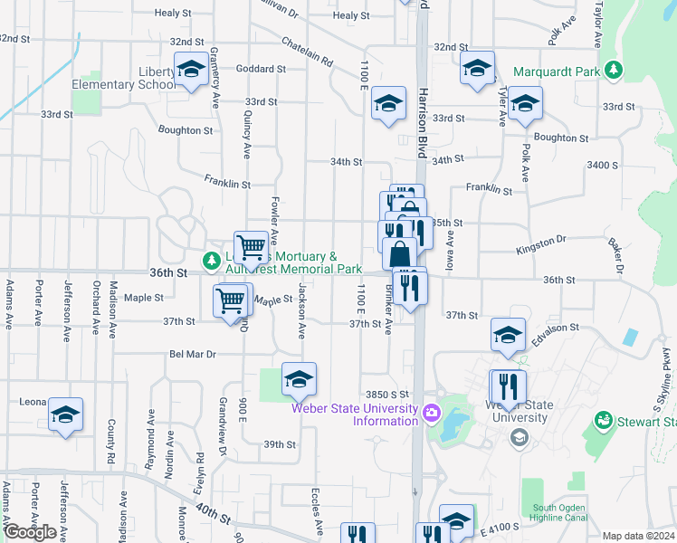 map of restaurants, bars, coffee shops, grocery stores, and more near 1065 36th Street in Ogden