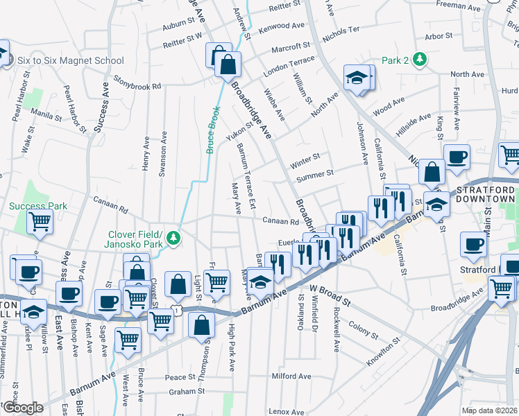 map of restaurants, bars, coffee shops, grocery stores, and more near 152 Canaan Road in Stratford