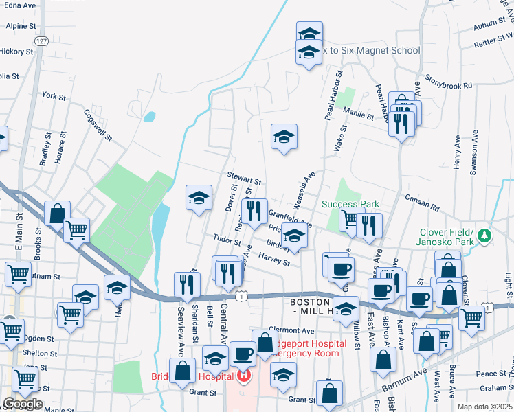 map of restaurants, bars, coffee shops, grocery stores, and more near 275 Palisade Avenue in Bridgeport