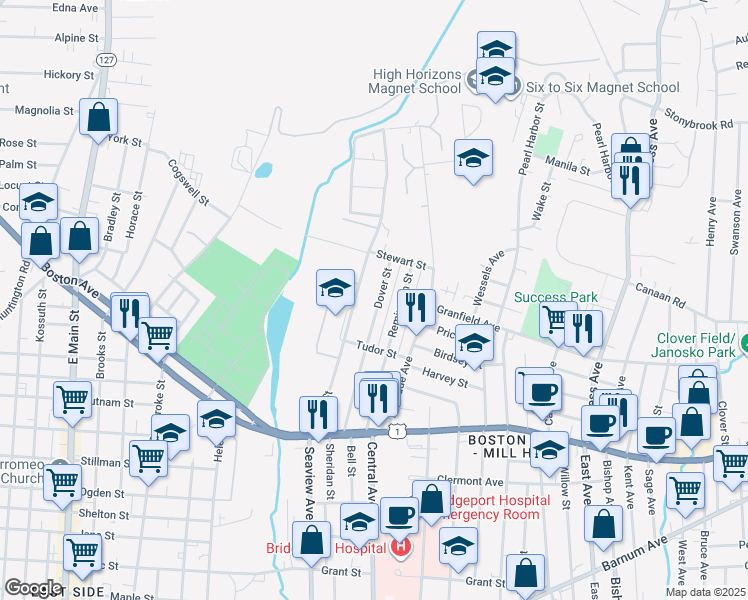 map of restaurants, bars, coffee shops, grocery stores, and more near 310 Dover Street in Bridgeport