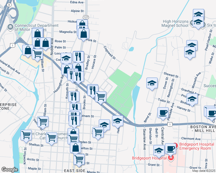 map of restaurants, bars, coffee shops, grocery stores, and more near 22 Carver Street in Bridgeport