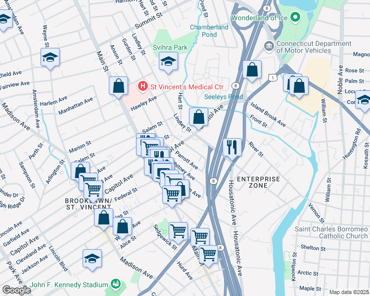 map of restaurants, bars, coffee shops, grocery stores, and more near 197 French Street in Bridgeport