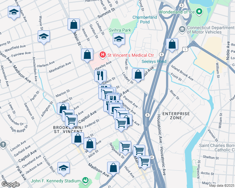 map of restaurants, bars, coffee shops, grocery stores, and more near 269 Parrott Avenue in Bridgeport