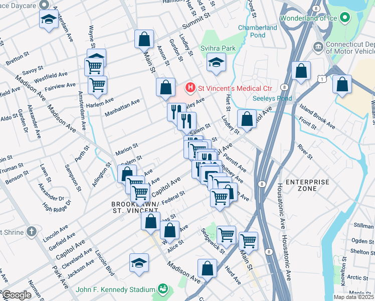 map of restaurants, bars, coffee shops, grocery stores, and more near 25 Lincoln Avenue in Bridgeport