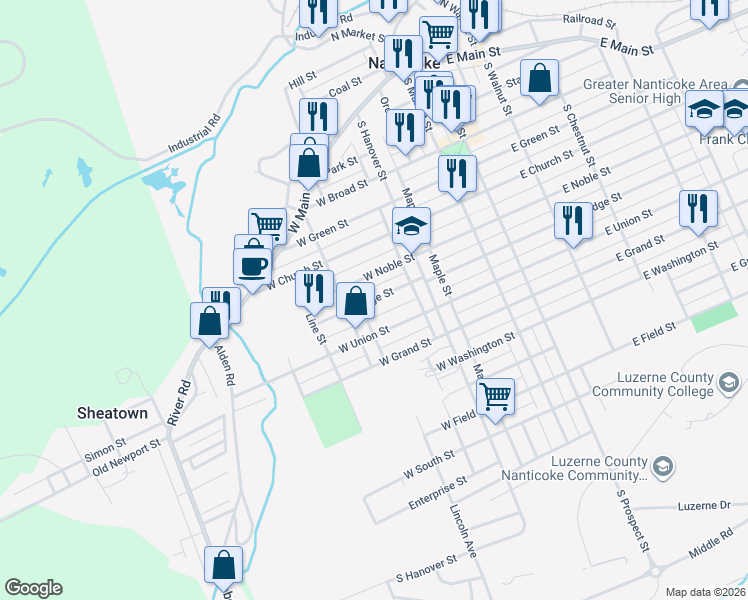 map of restaurants, bars, coffee shops, grocery stores, and more near 137 West Ridge Street in Nanticoke