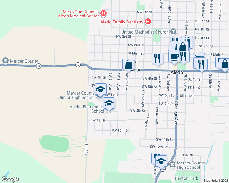 map of restaurants, bars, coffee shops, grocery stores, and more near 805 Southwest 6th Street in Aledo