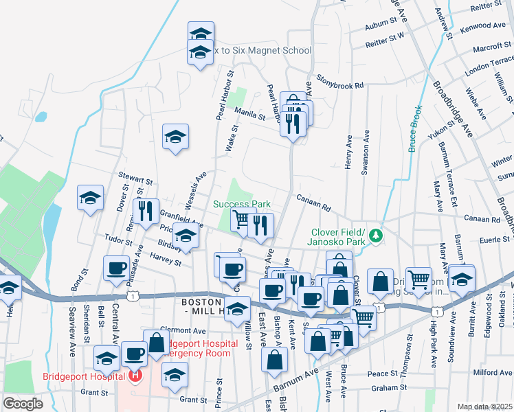 map of restaurants, bars, coffee shops, grocery stores, and more near 49 Court A in Bridgeport