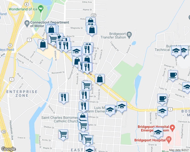 map of restaurants, bars, coffee shops, grocery stores, and more near 689 Boston Avenue in Bridgeport