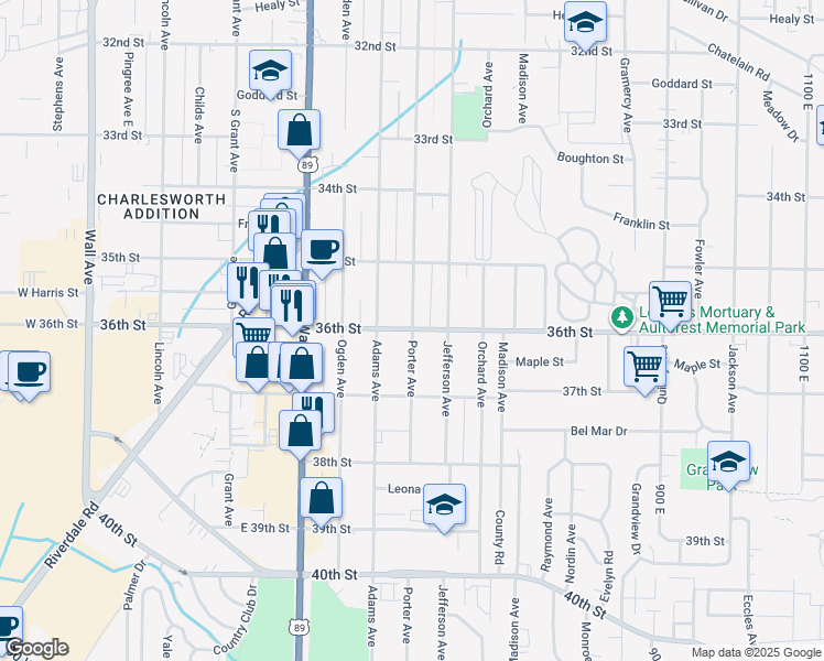 map of restaurants, bars, coffee shops, grocery stores, and more near 3600 Porter Avenue in South Ogden