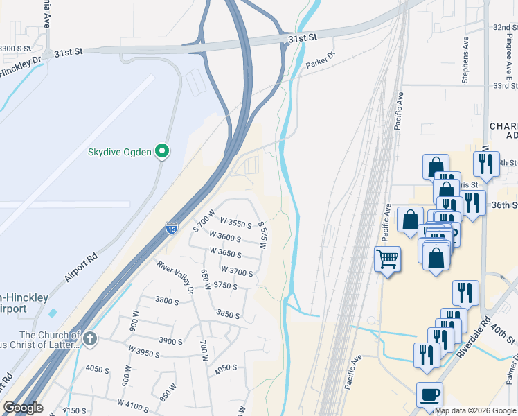 map of restaurants, bars, coffee shops, grocery stores, and more near 3510 South 575 West in Riverdale