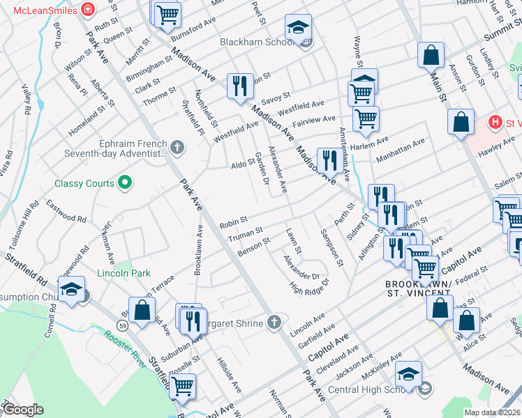 map of restaurants, bars, coffee shops, grocery stores, and more near 223 Robin Street in Bridgeport