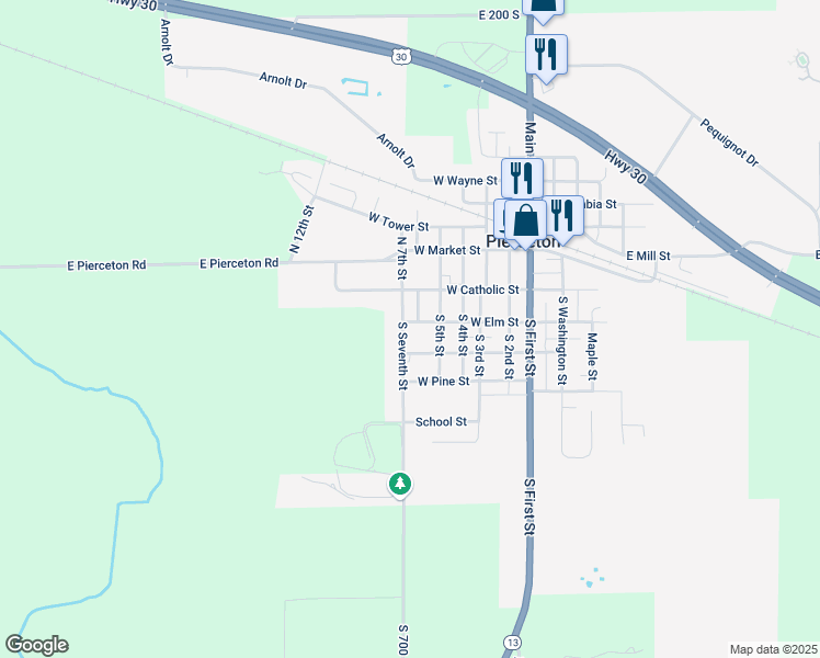 map of restaurants, bars, coffee shops, grocery stores, and more near 603 West Elm Street in Pierceton