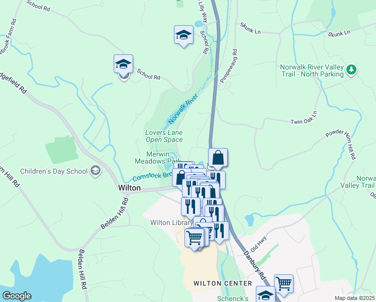 map of restaurants, bars, coffee shops, grocery stores, and more near 21 Station Road in Wilton