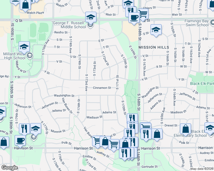 map of restaurants, bars, coffee shops, grocery stores, and more near 17215 Cinnamon Street in Omaha