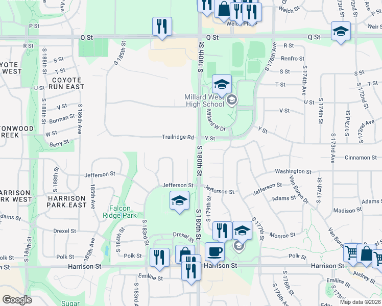 map of restaurants, bars, coffee shops, grocery stores, and more near 6012 South 180th Street in Omaha