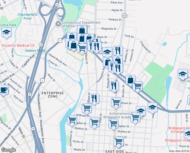 map of restaurants, bars, coffee shops, grocery stores, and more near 1144 Noble Avenue in Bridgeport