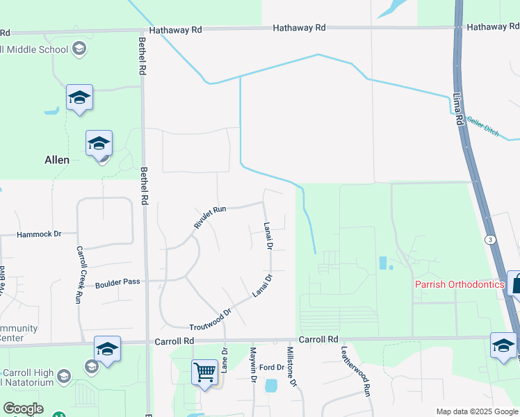 map of restaurants, bars, coffee shops, grocery stores, and more near 12421 Lanai Drive in Fort Wayne