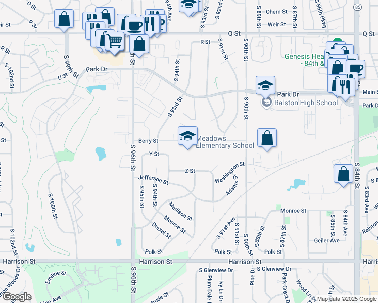 map of restaurants, bars, coffee shops, grocery stores, and more near 9225 Berry Street in Omaha