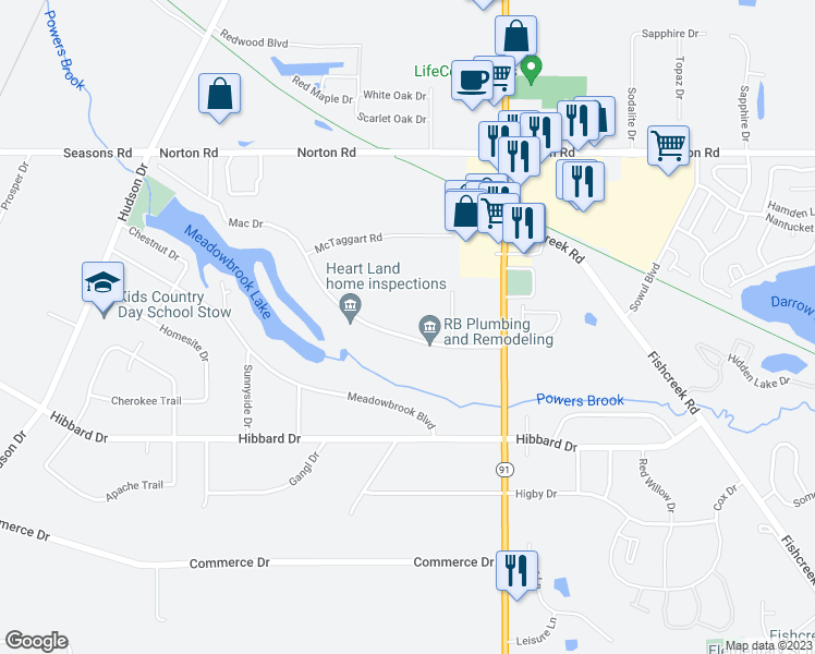 map of restaurants, bars, coffee shops, grocery stores, and more near 1503 Mac Drive in Stow