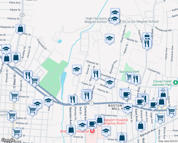 map of restaurants, bars, coffee shops, grocery stores, and more near 310 Dover Street in Bridgeport