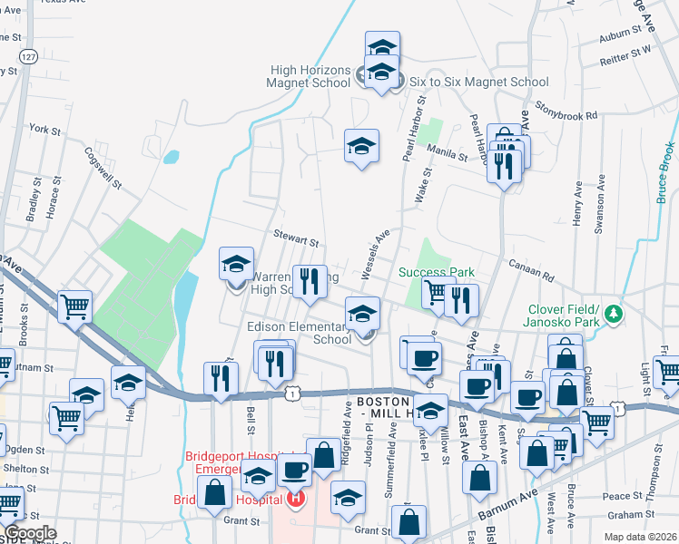 map of restaurants, bars, coffee shops, grocery stores, and more near 340 Palisade Avenue in Bridgeport