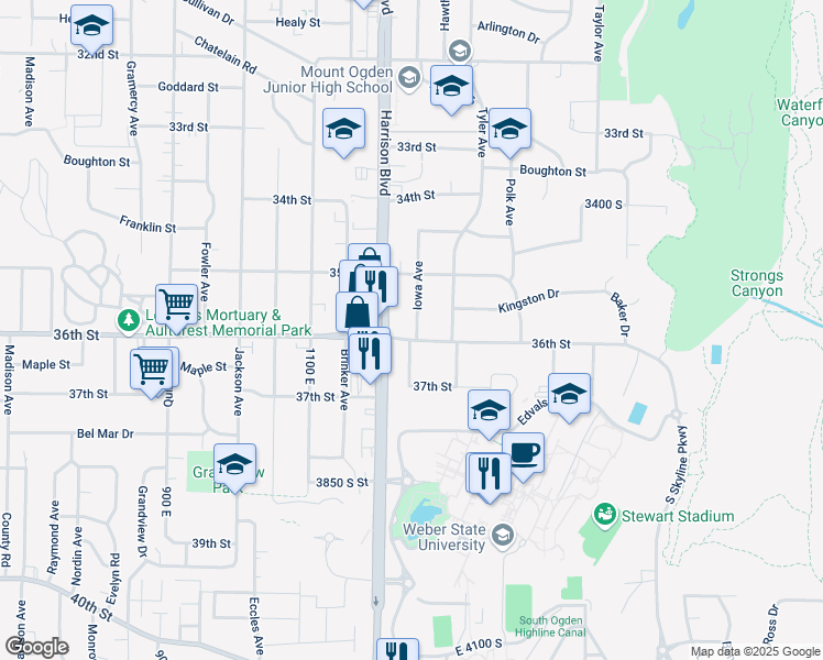 map of restaurants, bars, coffee shops, grocery stores, and more near 3605 Harrison Boulevard in Ogden