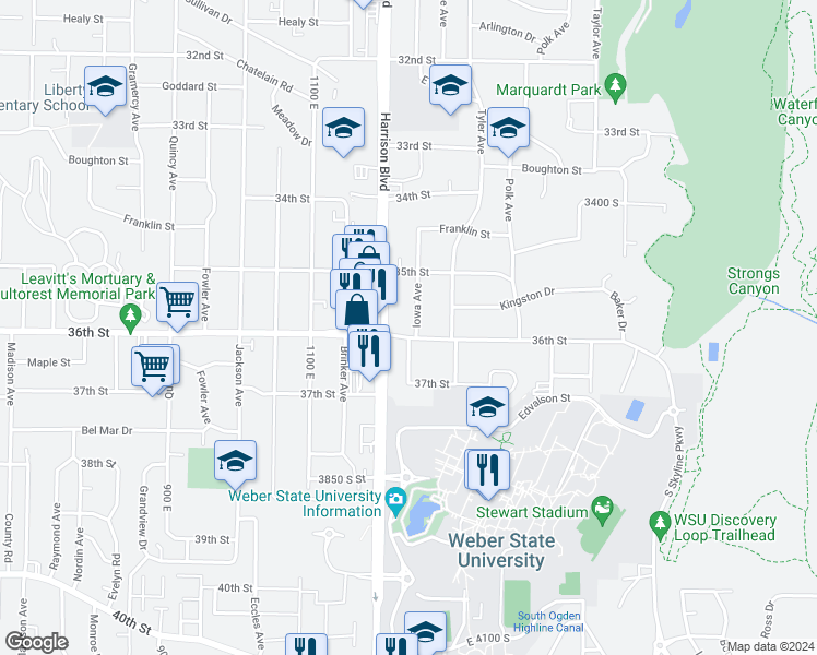 map of restaurants, bars, coffee shops, grocery stores, and more near 3605 Harrison Boulevard in Ogden