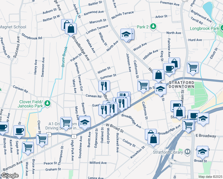 map of restaurants, bars, coffee shops, grocery stores, and more near 67 Concord Street in Stratford