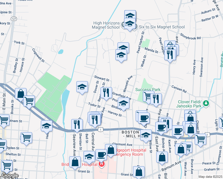 map of restaurants, bars, coffee shops, grocery stores, and more near 275 Palisade Avenue in Bridgeport