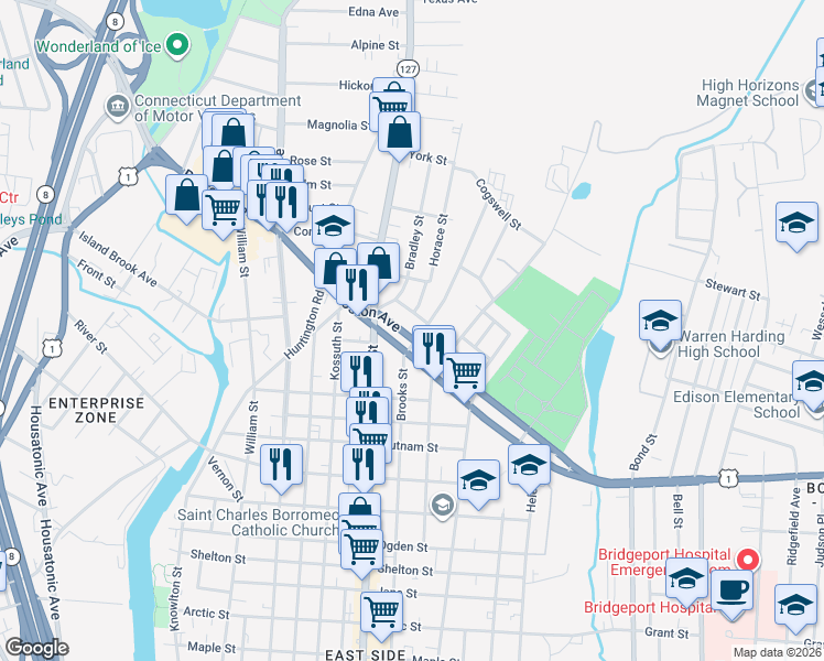 map of restaurants, bars, coffee shops, grocery stores, and more near 689 Boston Avenue in Bridgeport