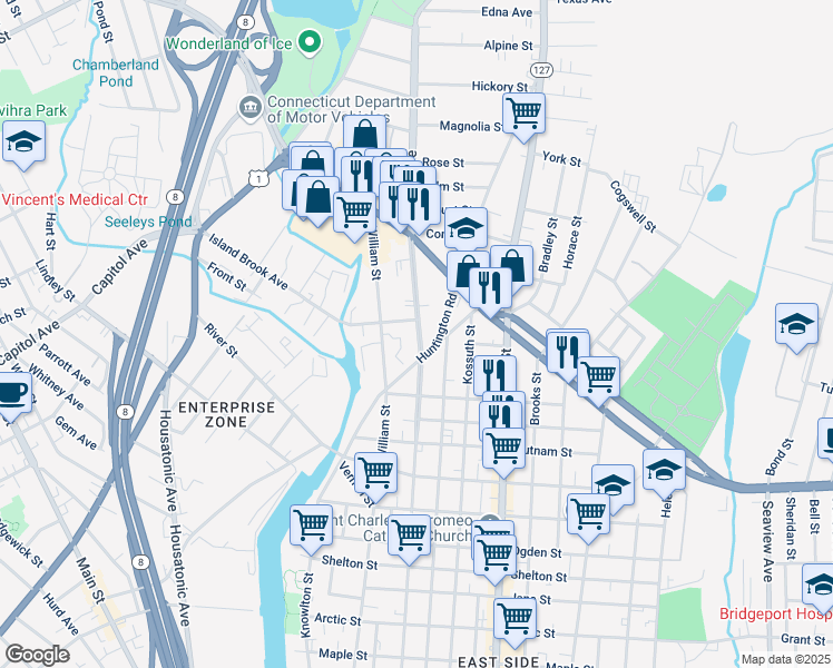 map of restaurants, bars, coffee shops, grocery stores, and more near 1154 Noble Avenue in Bridgeport