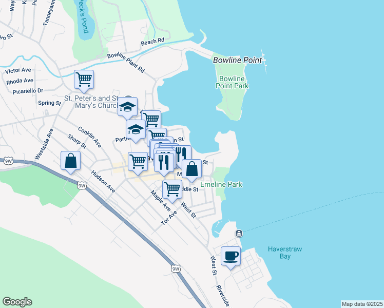 map of restaurants, bars, coffee shops, grocery stores, and more near 37 Broad Street in Haverstraw