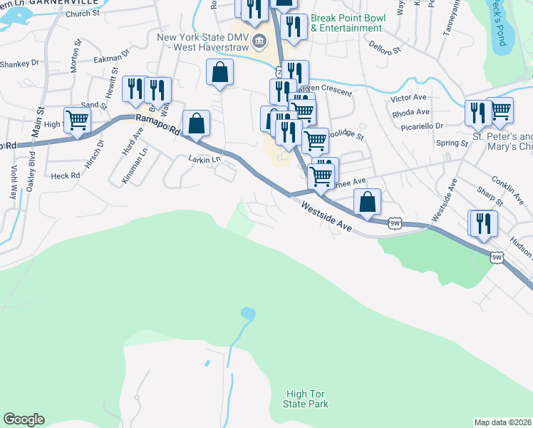 map of restaurants, bars, coffee shops, grocery stores, and more near B14 Dowd Street in Haverstraw