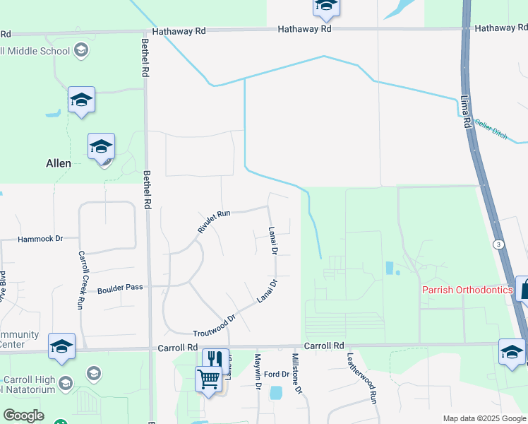 map of restaurants, bars, coffee shops, grocery stores, and more near 12421 Lanai Drive in Fort Wayne