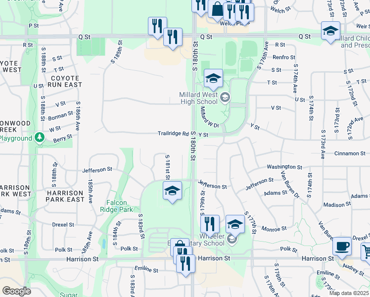 map of restaurants, bars, coffee shops, grocery stores, and more near 6012 South 180th Street in Omaha