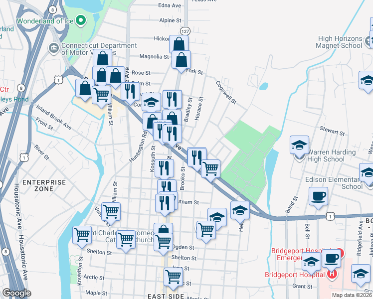 map of restaurants, bars, coffee shops, grocery stores, and more near 689 Boston Avenue in Bridgeport