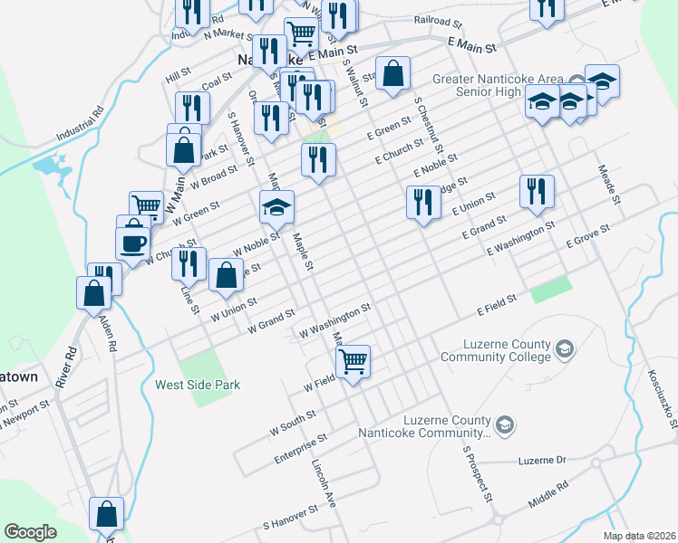 map of restaurants, bars, coffee shops, grocery stores, and more near 41 West Union Street in Nanticoke