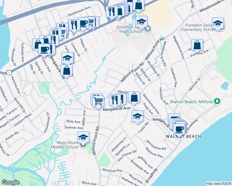 map of restaurants, bars, coffee shops, grocery stores, and more near 7 Merritt Avenue in Milford