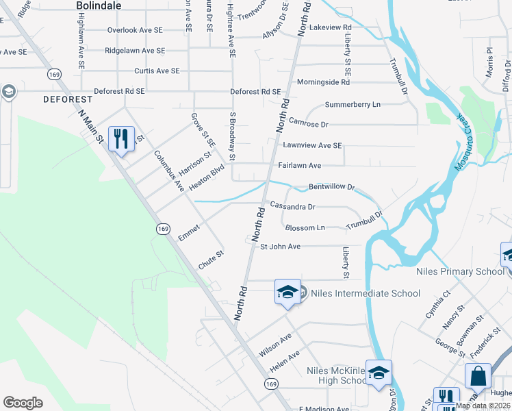 map of restaurants, bars, coffee shops, grocery stores, and more near 264 North Road in Niles