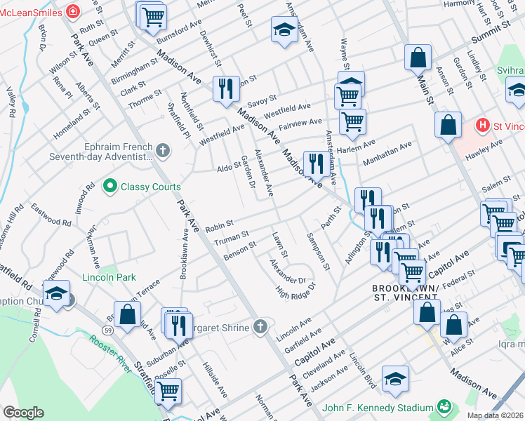 map of restaurants, bars, coffee shops, grocery stores, and more near 202 Robin Street in Bridgeport
