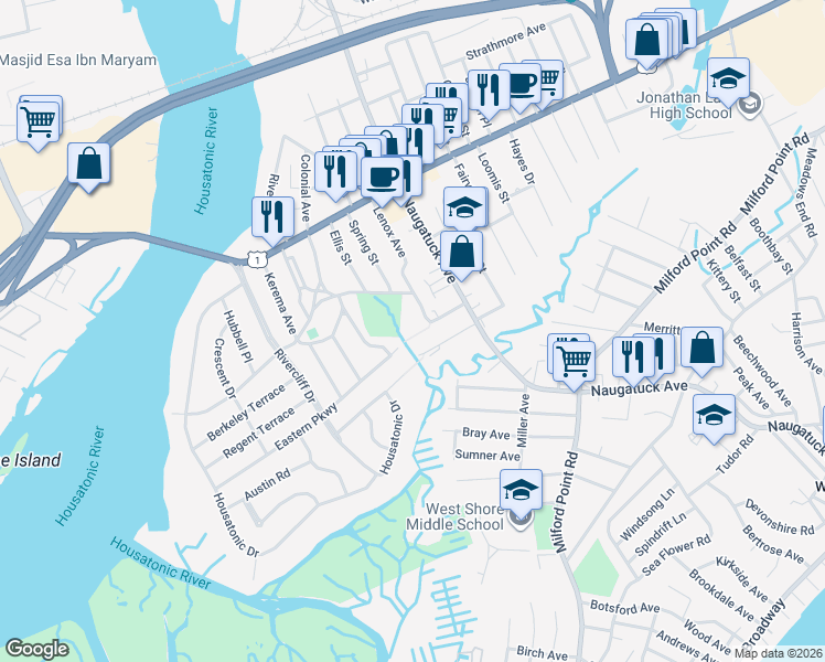 map of restaurants, bars, coffee shops, grocery stores, and more near 35 Mathew Street in Milford